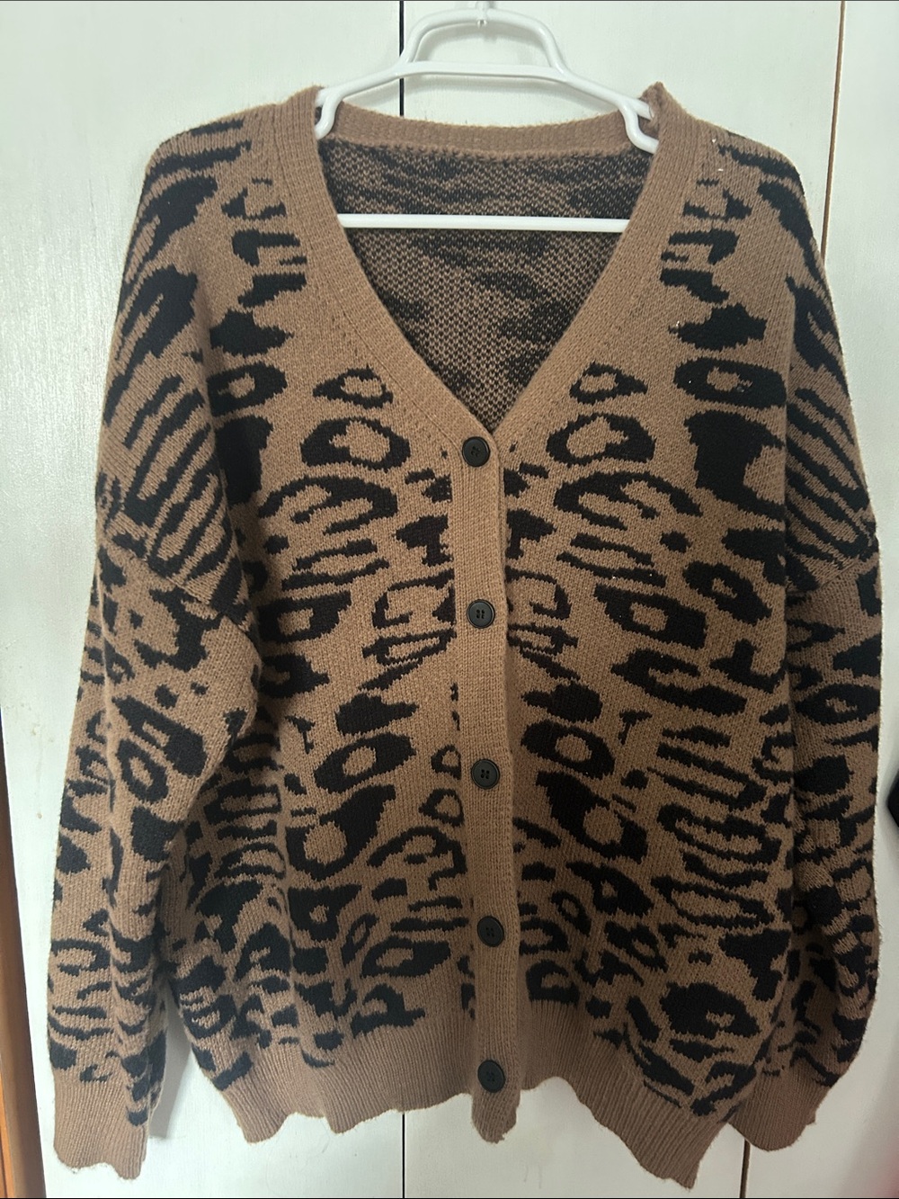 SHEIN Black and Brown Leopard Print V-Neck Cardigan